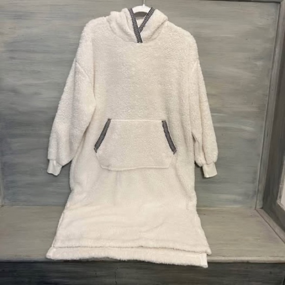 Joyspun White Sherpa Hooded Kangaroo Pocket Pullover Night Gown XS‎ GC
